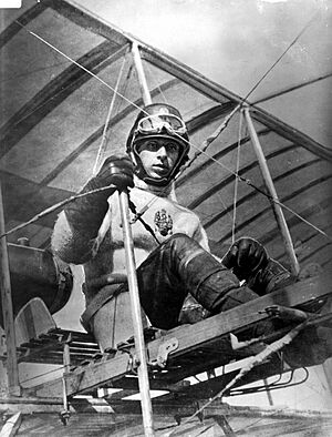 Major Alexander Procofieff de Seversky sits at the controls of an early aircraft, circa 1914.jpg
