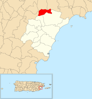 Location of Mambiche within the municipality of Humacao shown in red