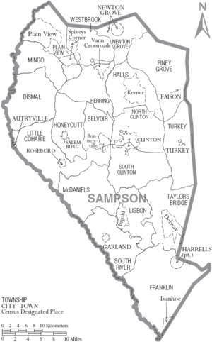Map of Sampson County North Carolina With Municipal and Township Labels