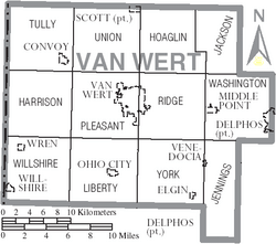 Map of Van Wert County Ohio With Municipal and Township Labels