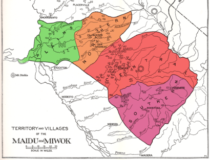 Map of the Plains and Sierra Miwok territories (colored)