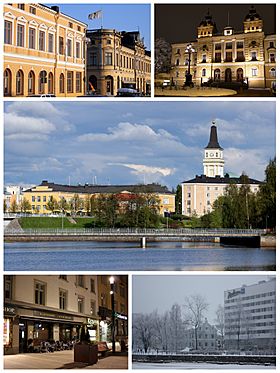Top: Rantakatu in downtown Oulu, Oulu City HallMiddle: Lyseo Upper Secondary School and the Oulu CathedralBottom: Shops along Kirkkokatu, Radisson Blu Hotel along Ojakatu