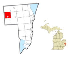 Location within St. Clair County (red) and the administered village of Capac (pink)