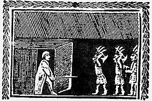 A woodcut of an older man in traditional sleeping clothes and nightcap confronting armed natives within his home