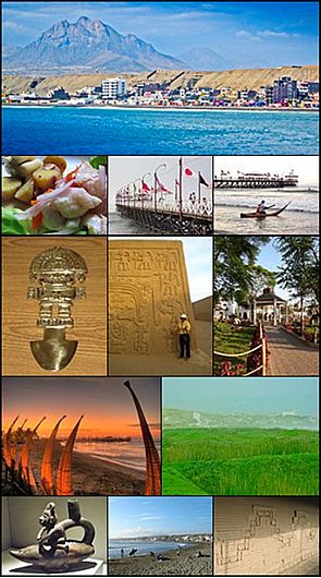 From top and left to right: View of Huanchaco beach, Dish of cebiche, Huanchaco pier, Saveguard in Caballito de Totora, Tumi: Chimu work,  Chan Chan: Chimu capital, Park in Huanchaco, Night view of the pier, Swamps of Huanchaco, Navegator Chimu in a Caballito de Totora, Surfers in Huanchaco, Wall in Chan Chan