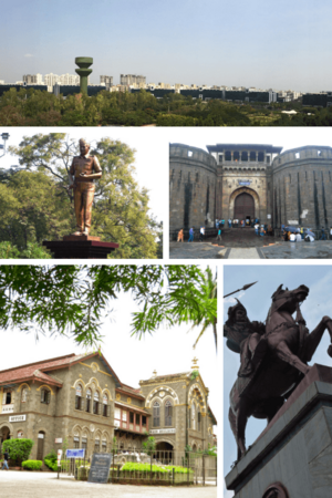 Top to bottom, left to right: Pune Skyline, Sam Manekshaw Statue in Pune Camp, Shaniwarwada, Fergusson College, and Baji Rao I Statue outside Shaniwarwada