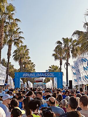 Queue of participants at the starting line of the Limassol Marathon 2024