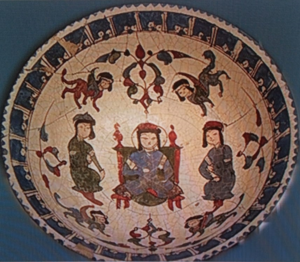 Royal figure enthroned and surrounded by Jinn of the Earth