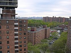 Apartment buildings in Soundview with the Midtown Manhattan skyline in the background