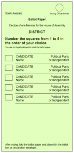 South Australian House of Assembly Ballot Paper