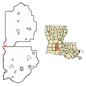 Location of Basile in Evangeline and Acadia Parishes, Louisiana.