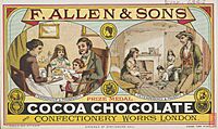 A drawn advertisement. Text "F. Allen & Sons" and "Cocoa Chocolate and Confectionery Works London" sit on top of two images of families. In one, the family is happily sitting around a table being served a drink. In the other, they are visibly poor.
