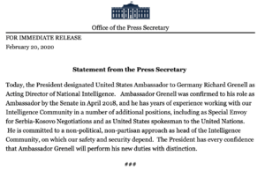 Appointment of Richard Grenell as Director of National Intelligence