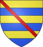 Barry of six or and azure, a bendlet gules