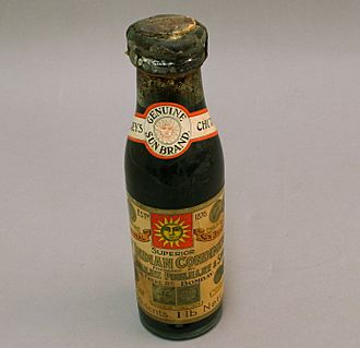 Clear Glass Bottle Full of Major Grey’s Sun Brand Chutney From the 1904 World’s Fair