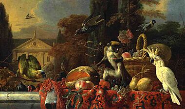 Cockatoo and Monkey by a Wicker Basket of Fruit (no date), oil on canvas. 76.5 x 127.6 cm., private collection