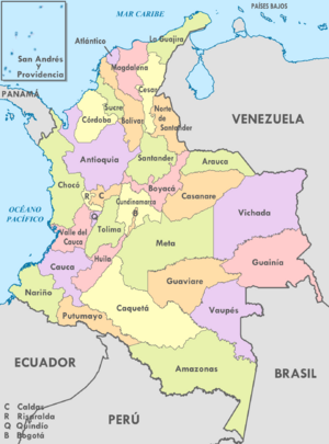 Colombia, administrative divisions - es - colored (+box)