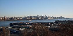Edgewater, New Jersey in the foreground, overlooking Manhattan, New York City across the Hudson River in the background