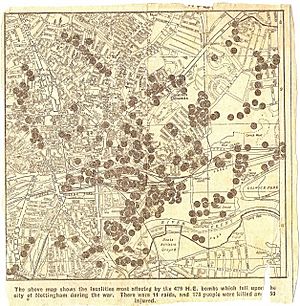 Map of the locations of bombing in Nottingham during the Second World War