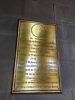 Memorial plaque to Patrick Brontë at Dewsbury minster, July 2019