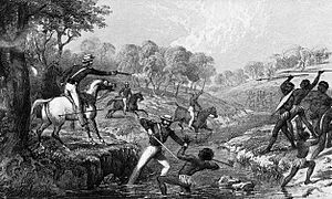 Mounted police engaging Indigenous Australians during the Slaughterhouse Creek clash of 1838