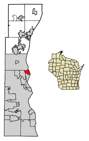 Location of Bayside in Milwaukee and Ozaukee Counties, Wisconsin.