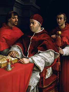 Portrait of Pope Leo X and his cousins, cardinals Giulio de' Medici and Luigi de' Rossi (by Raphael)