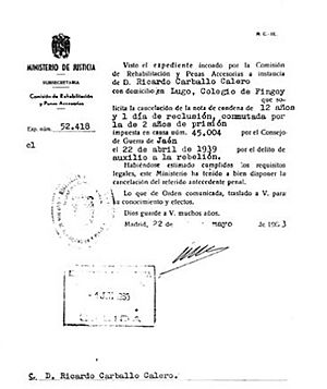 Ricardo Carballo Calero, cancelación de antecedentes penales 22-5-1963