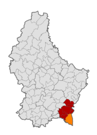 Map of Luxembourg with Schengen highlighted in orange, and the canton in dark red