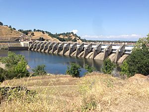 Side view of nimbus dam taken from overlooking hill with no water released