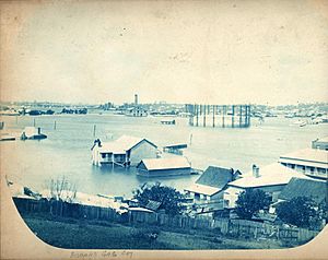 StateLibQld 1 258247 Brisbane Gas Company buildings are surrounded by floodwaters, Brisbane, 1893