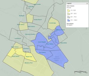 Thematic map showing percentage of households where Spanish is spoken at home in Salinas, CA