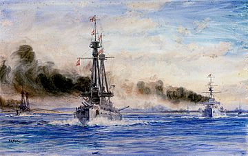 'Invincible and Inflexible steaming out of Port Stanley in Chase'- the start of the Battle of the Falkland Islands, 8 December 1914 RMG PW1879