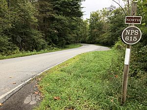 2018-09-08 11 06 11 View north along National Park Service Route 615 (Walpack-Flatbrook Road) at Old Mine Road in Walpack Township, Sussex County, New Jersey