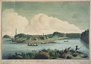 A North View of Fort Frederick built by order of Hon. Col. Robert Monckton on the entrance of the St. John River in the Bay of Fundy, 1758 by Lt Thomas Davies National Gallery of Canada (no 6269)