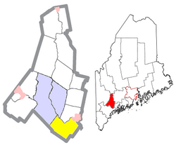 Location of Durham (in yellow) in Androscoggin County and the state of Maine