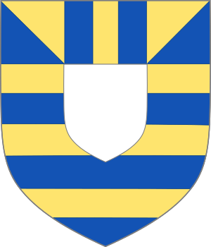 Arms of Mortimer: Barry of six or and azure, on a chief of the first two pallets between two gyrons of the second over all an inescutcheon argent