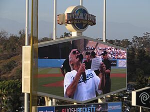 Christopher Lloyd Being Awesome (and Introducing the Dodgers Starting Lineup), Dodger Stadium, Los Angeles, California (14331452247)