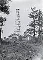 A four-legged tower with a small at the top, next to two one-story buildings. The tower is four stories tall. Trees are at either side, and in the foreground, there are rocks, some vegetation, and a rough trail.