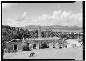 FACTORY BUILDING VIEWED FROM THE EAST, CURING AND STORAGE WING TO THE LEFT, BOILING HOUSE IN THE CENTER, GRINDING PLATFORM TO THE FAR RIGHT, ST. THOMAS ISLAND VISIBLE IN HABS VI,2-CANBA,1-A-1