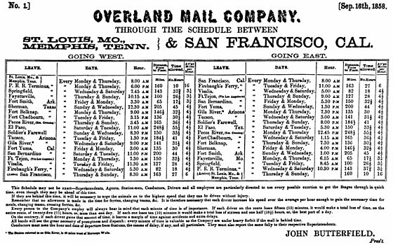 John Butterfield's Overland Mail Company time schedule dated September 16, 1858
