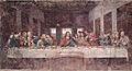  Rectangular fresco, in very damaged condition, of the Last Supper. The scene shows a table across a room which has three windows at the rear. At the centre, Jesus sits, stretching out his hands, the left palm up and the right down. Around the table, are the disciples, twelve men of different ages. They are all reacting in surprise or dismay at what Jesus has just said. The different emotional reactions and gestures are portrayed with great naturalism.