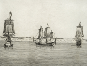 Lieutenant Piercy Brett's sketch of HMS Centurion, HMS Wager, HMS Pearl, off Cape Virgin Mary, 1741-03-07