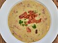 Parmesan potato soup topped with bacon