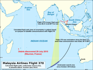 Reunion debris compared to MH370 flight paths and underwater search area