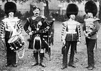 Scots Guards drummer, piper, bugler and bandsman, around 1891