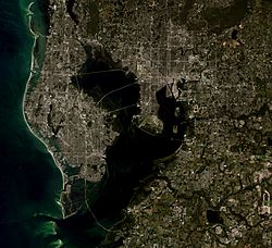 A simulated-color satellite image of the Tampa Bay Area. Taken November 3, 2015 with NASA's Landsat 8 satellite.