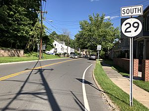2018-06-14 17 05 55 View south along New Jersey State Route 29 (Main Street) at Hunterdon County Route 523 (Stockton-Flemington Road) in Stockton, Hunterdon County, New Jersey