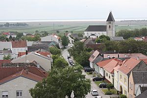 Saint Cunigunde of Luxembourg Church. Lake Neusiedl in the background