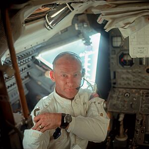 Buzz Aldrin in the Lunar Module during Apollo 11 LM checkout (48322616012)